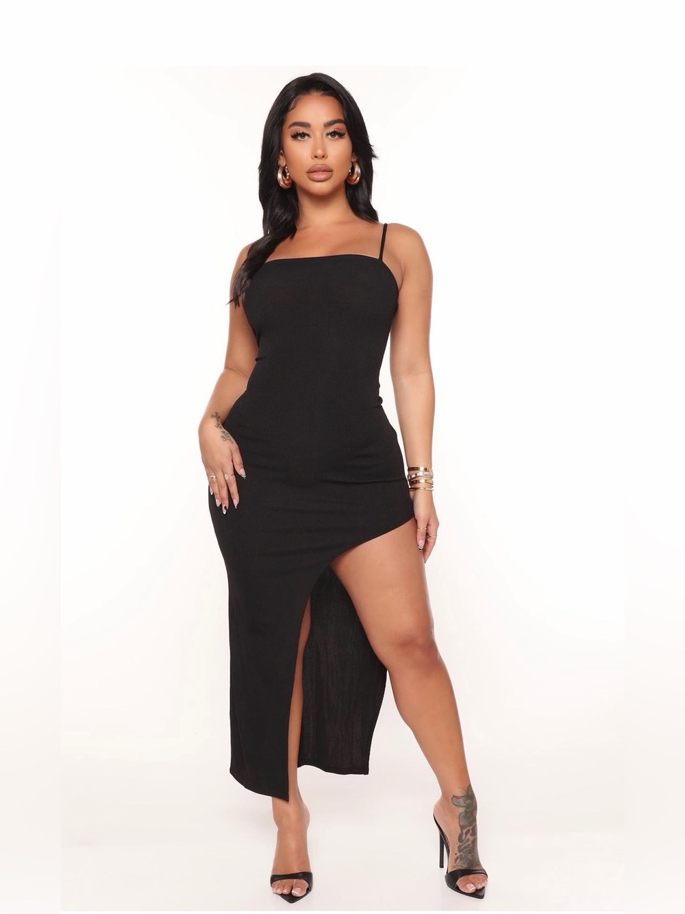 Like New - Black Asymmetrical Slit Bodycon Dress - Women